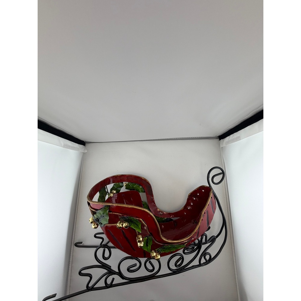Red Metal Christmas Sleigh Tabletop Decoration Holly and Bells Scroll Base
